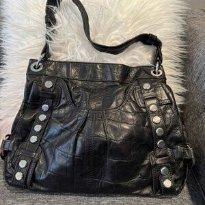 B. Makowsky Croc-Embossed Black Leather Satchel – Shoulder Bag with Silver Studs